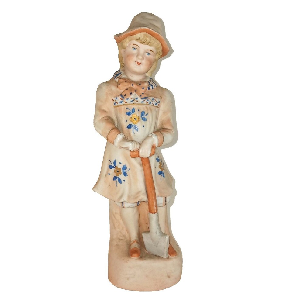 1900s Antique German Hand-Painted Bisque Child Gardener Marked A, Impressed 08